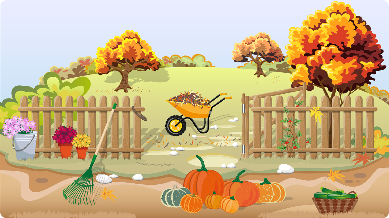 Picture of an animated open wood fence in the fall with a green rake, a yellow wagon full of leaves, orange pumpkins, and a green hill